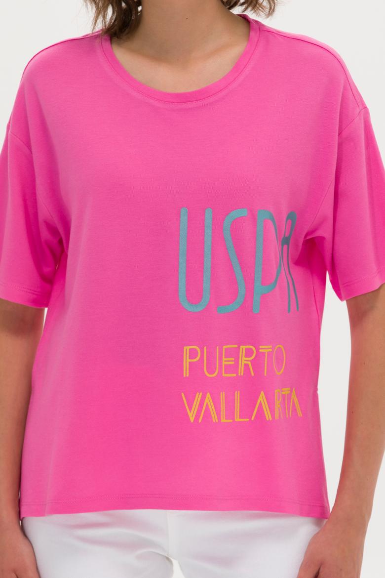 Kadın Pembe Bisiklet Yaka Tişört - 50263603029