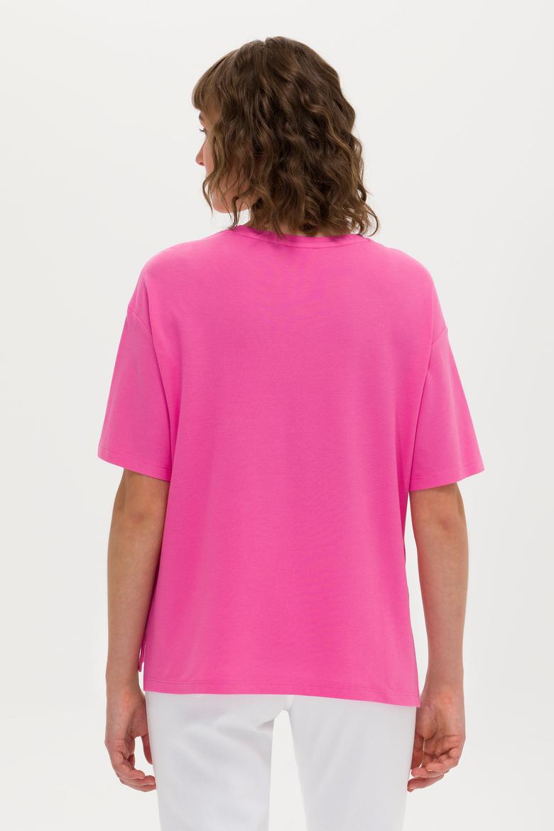 Kadın Pembe Bisiklet Yaka Tişört - 50263603029