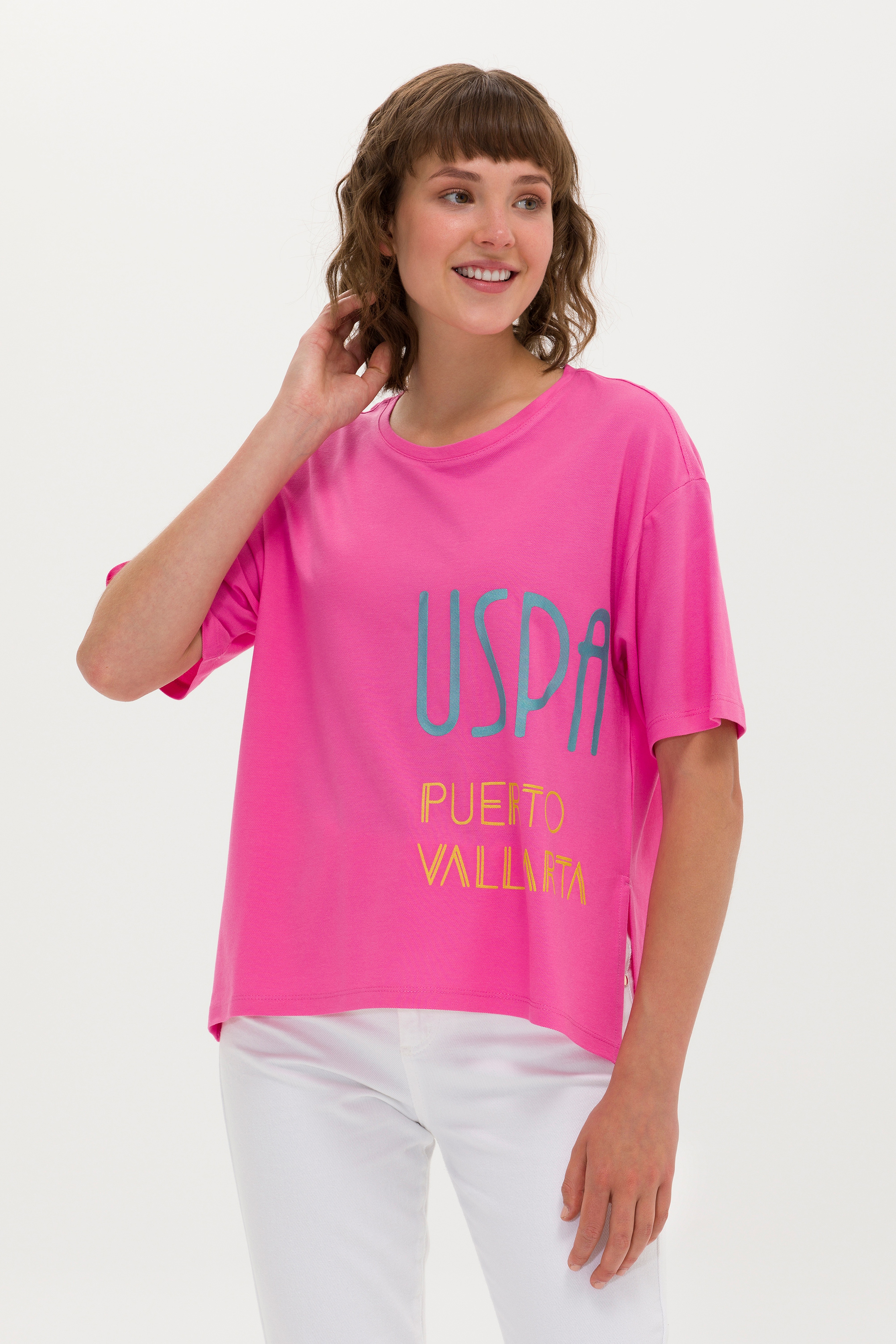 Kadın Pembe Bisiklet Yaka Tişört - Image 1