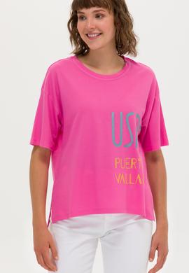 Kadın Pembe Bisiklet Yaka Tişört - 50263603029