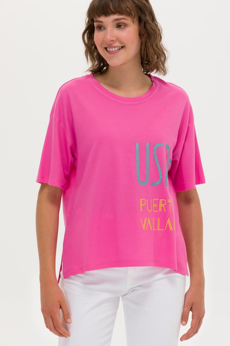 Kadın Pembe Bisiklet Yaka Tişört - 50263603029