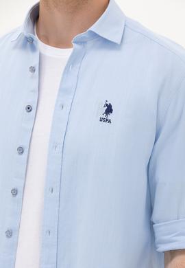 Erkek Mavi Keten Görünümlü Basic Gömlek - 50254189040