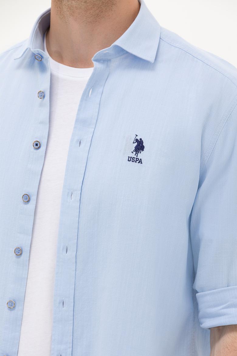 Erkek Mavi Keten Görünümlü Basic Gömlek - 50254189040