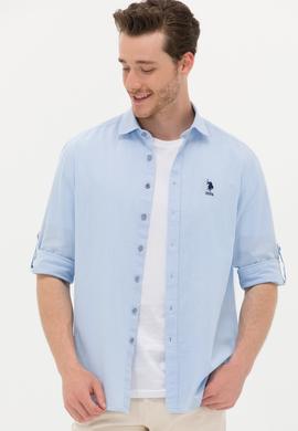 Erkek Mavi Keten Görünümlü Basic Gömlek - 50254189040