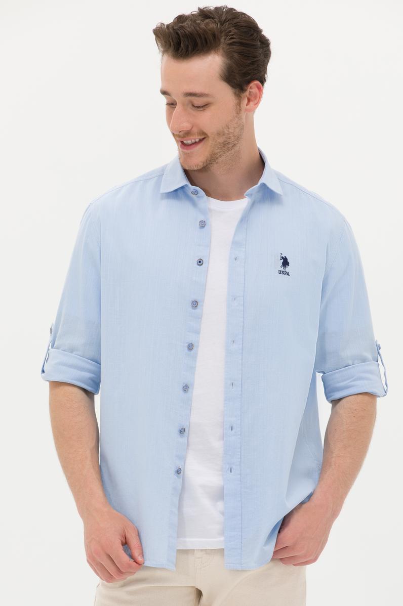 Erkek Mavi Keten Görünümlü Basic Gömlek