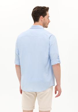Erkek Mavi Keten Görünümlü Basic Gömlek - 50254189040