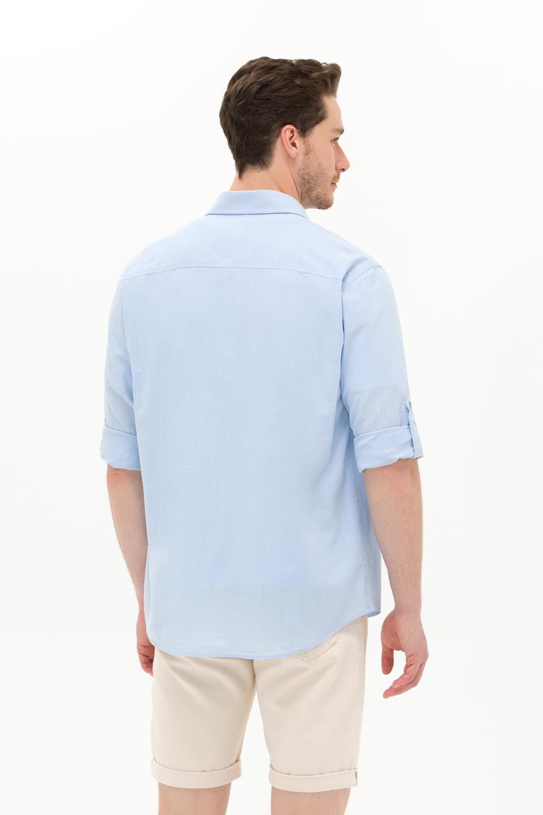Erkek Mavi Keten Görünümlü Basic Gömlek - 50254189040