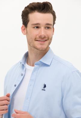 Erkek Mavi Keten Görünümlü Basic Gömlek - 50254189040