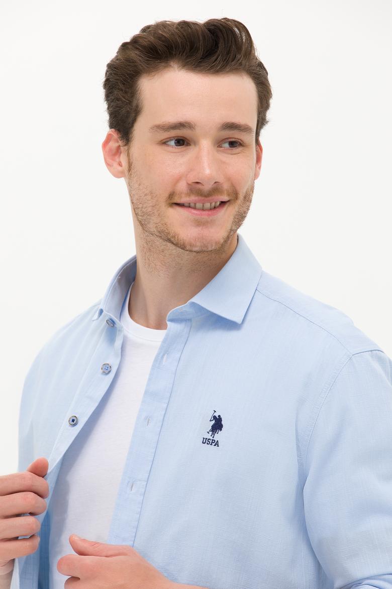 Erkek Mavi Keten Görünümlü Basic Gömlek - 50254189040