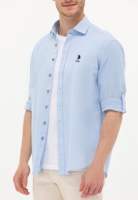 Erkek Mavi Keten Görünümlü Basic Gömlek - 50254189040