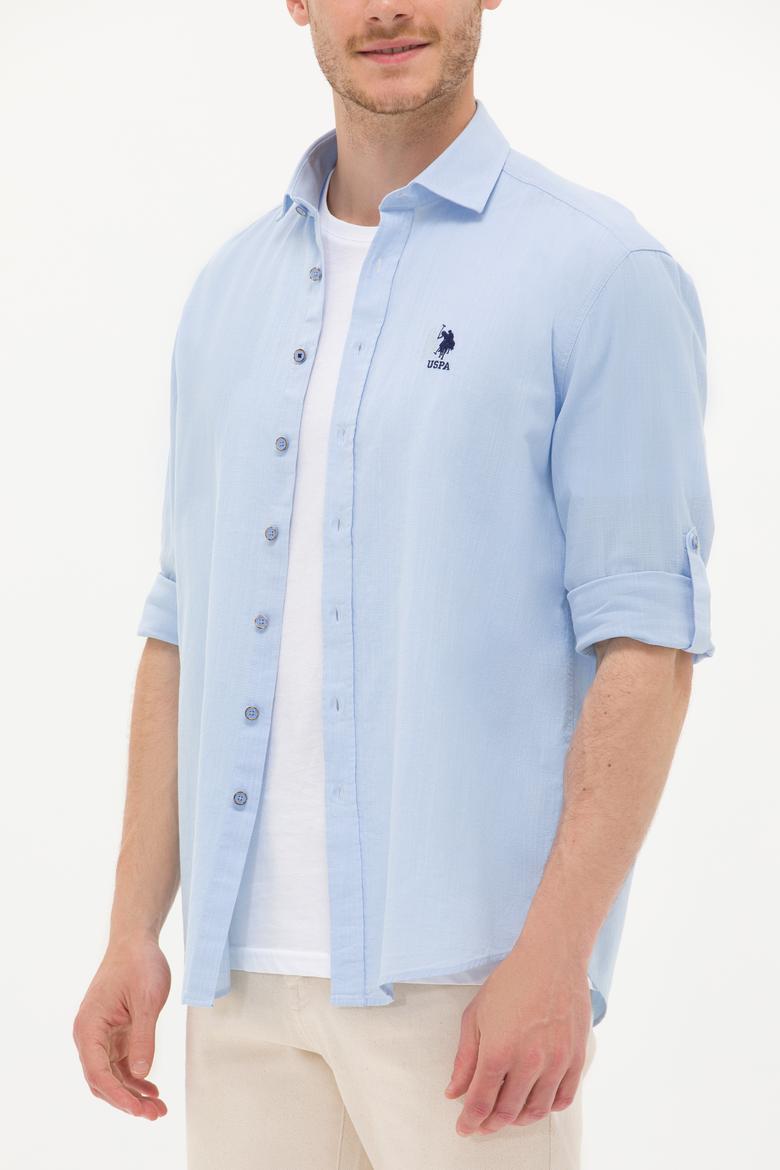 Erkek Mavi Keten Görünümlü Basic Gömlek - 50254189040