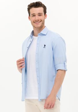 Erkek Mavi Keten Görünümlü Basic Gömlek - 50254189040