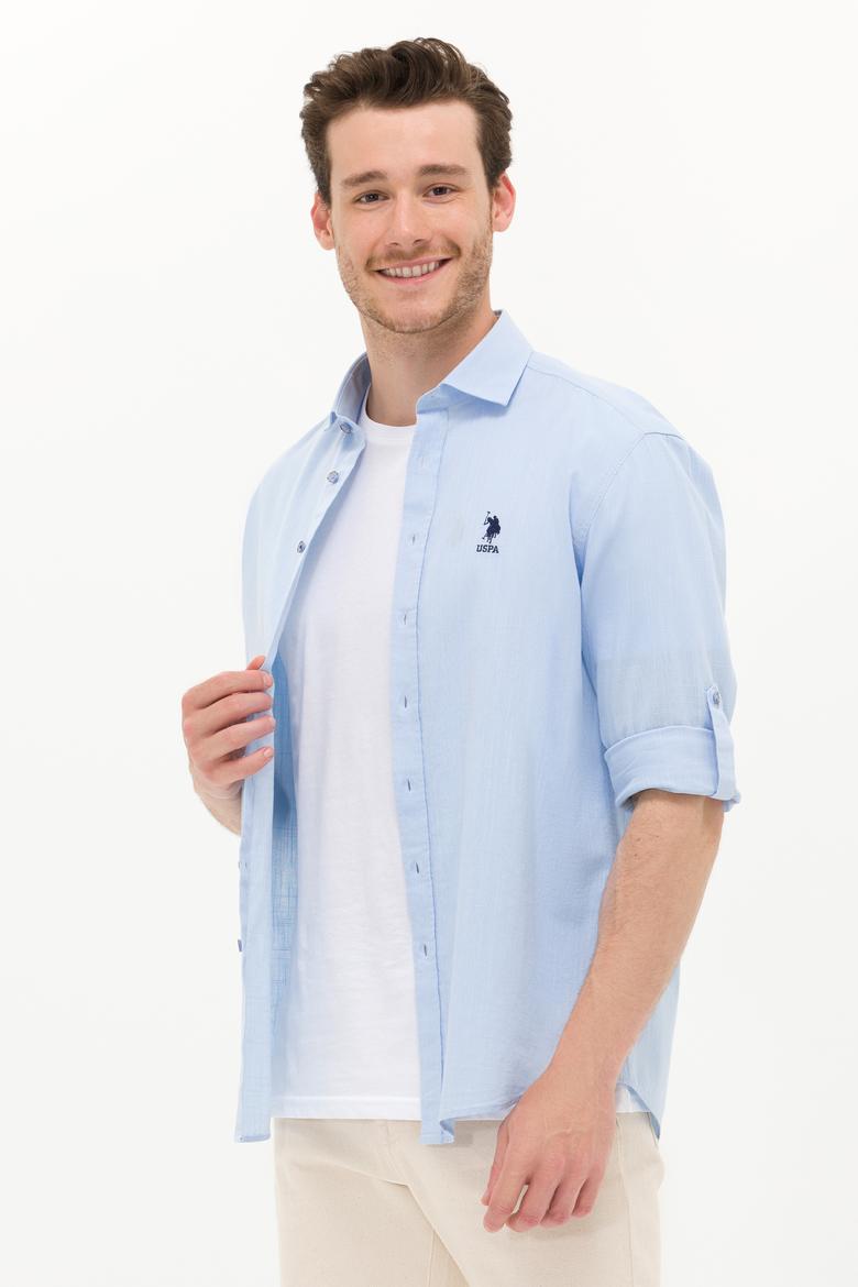 Erkek Mavi Keten Görünümlü Basic Gömlek - 50254189040