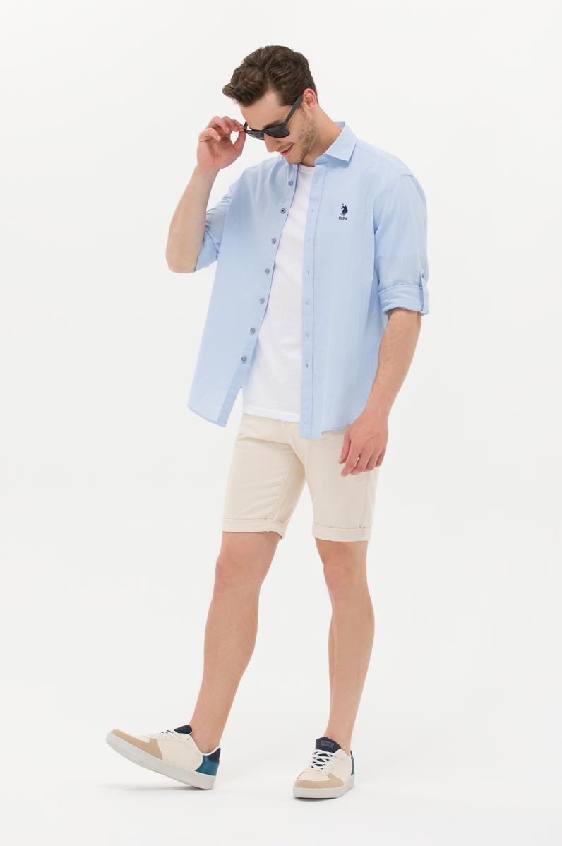 Erkek Mavi Keten Görünümlü Basic Gömlek