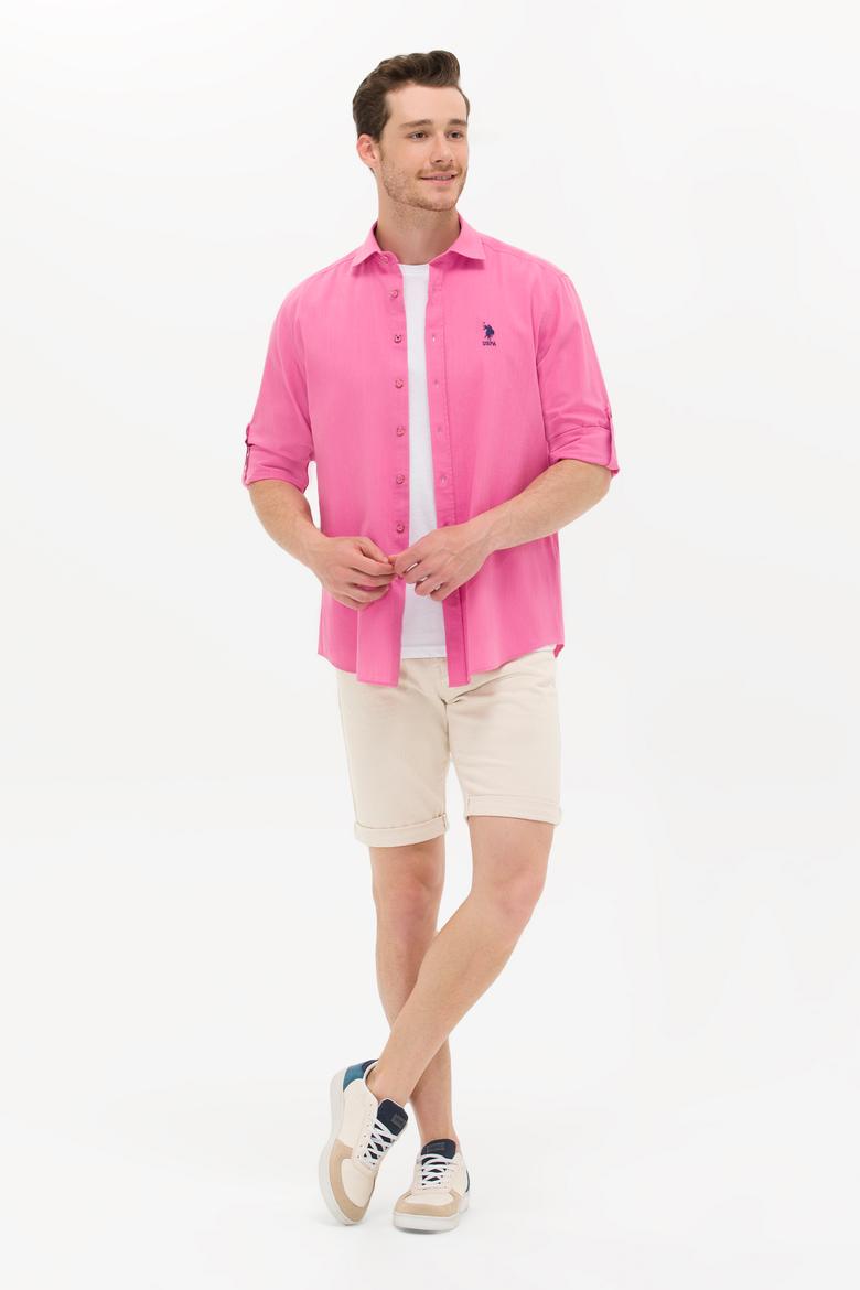 Erkek Pembe Keten Görünümlü Basic Gömlek - 50254189046