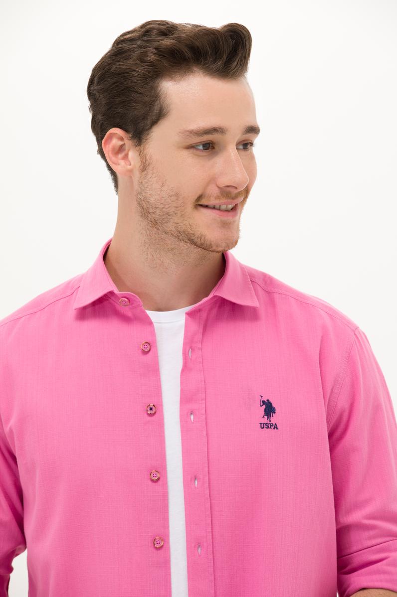 Erkek Pembe Keten Görünümlü Basic Gömlek
