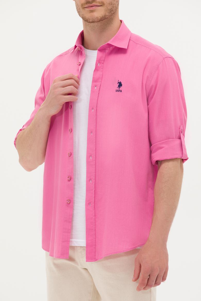 Erkek Pembe Keten Görünümlü Basic Gömlek - 50254189046