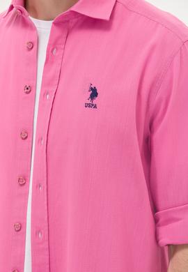 Erkek Pembe Keten Görünümlü Basic Gömlek - 50254189046