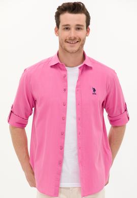 Erkek Pembe Keten Görünümlü Basic Gömlek - 50254189046