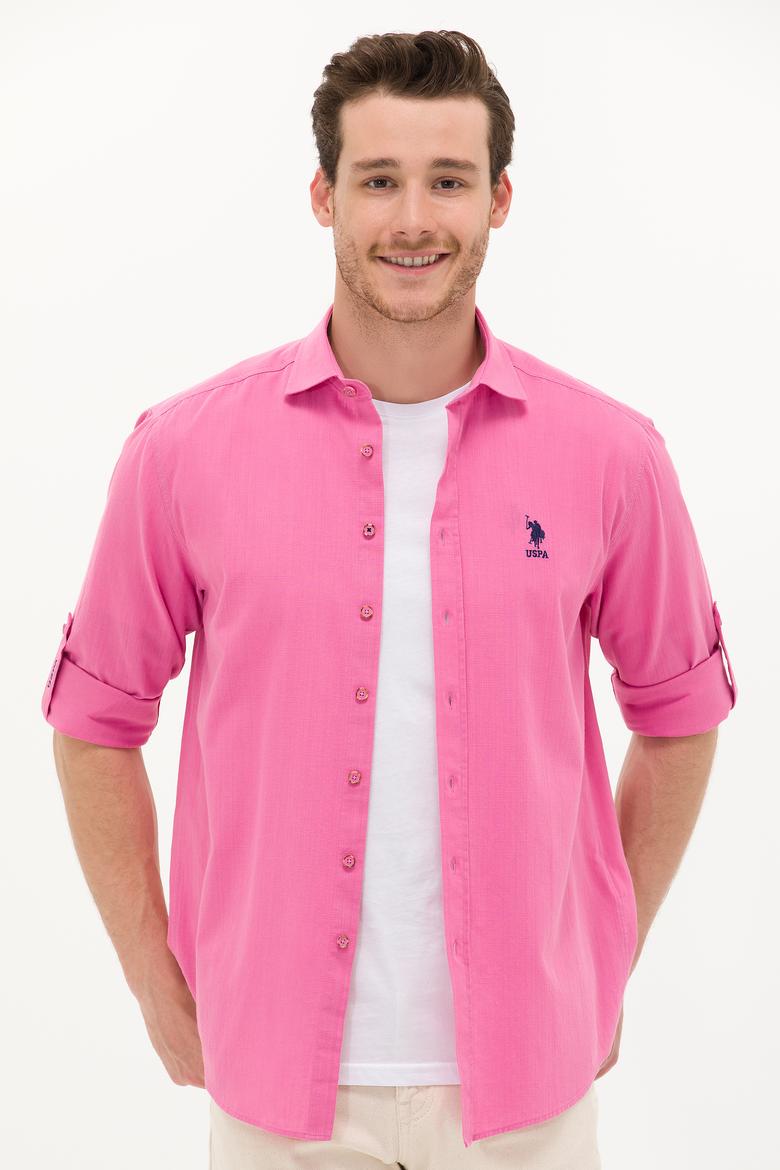 Erkek Pembe Keten Görünümlü Basic Gömlek - 50254189046