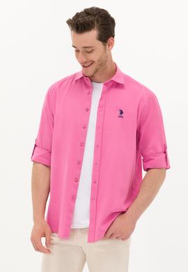 Erkek Pembe Keten Görünümlü Basic Gömlek - 50254189046