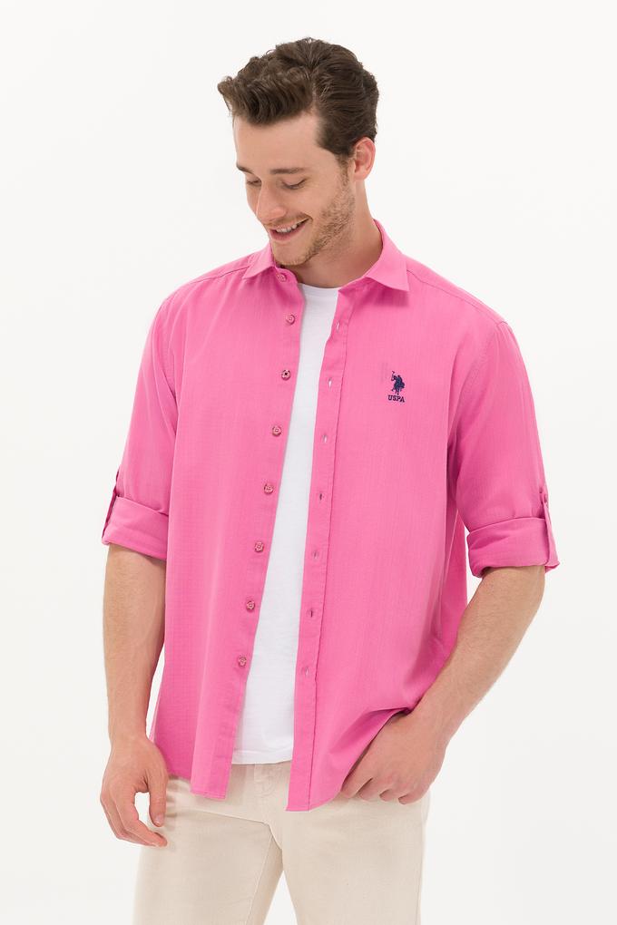 Erkek Pembe Keten Görünümlü Basic Gömlek