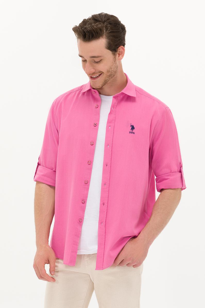 Erkek Pembe Keten Görünümlü Basic Gömlek