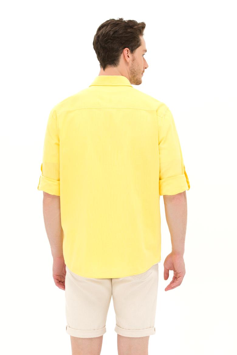 Erkek Sarı Keten Görünümlü Basic Gömlek - 50254189056