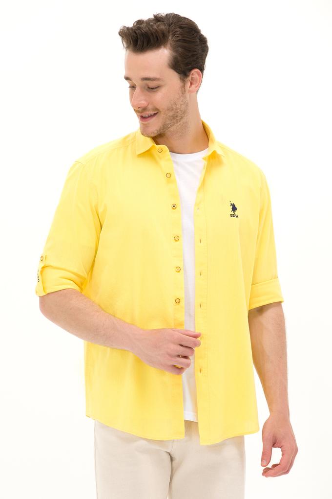 Erkek Sarı Keten Görünümlü Basic Gömlek