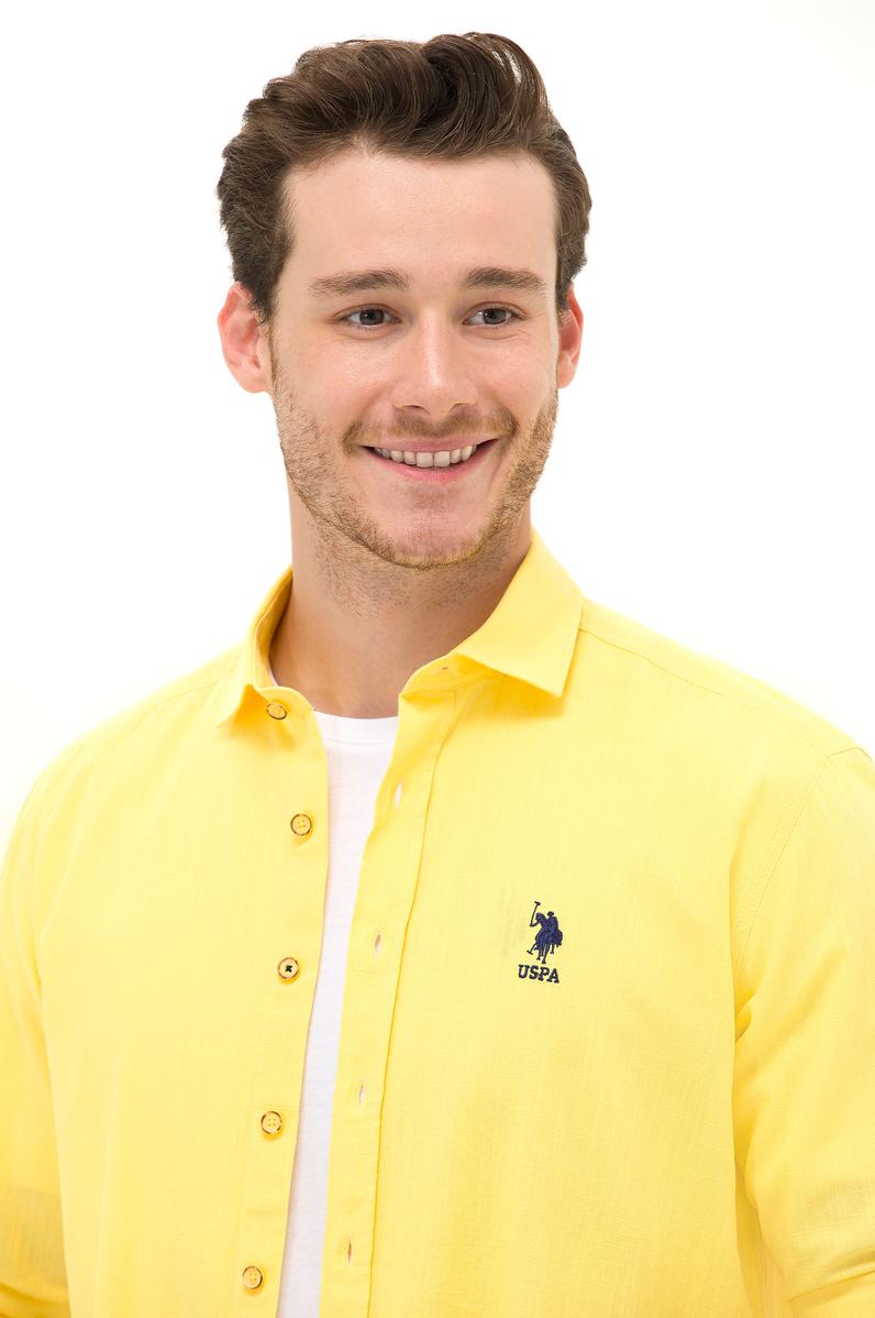 Erkek Sarı Keten Görünümlü Basic Gömlek