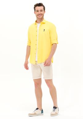 Erkek Sarı Keten Görünümlü Basic Gömlek - 50254189056