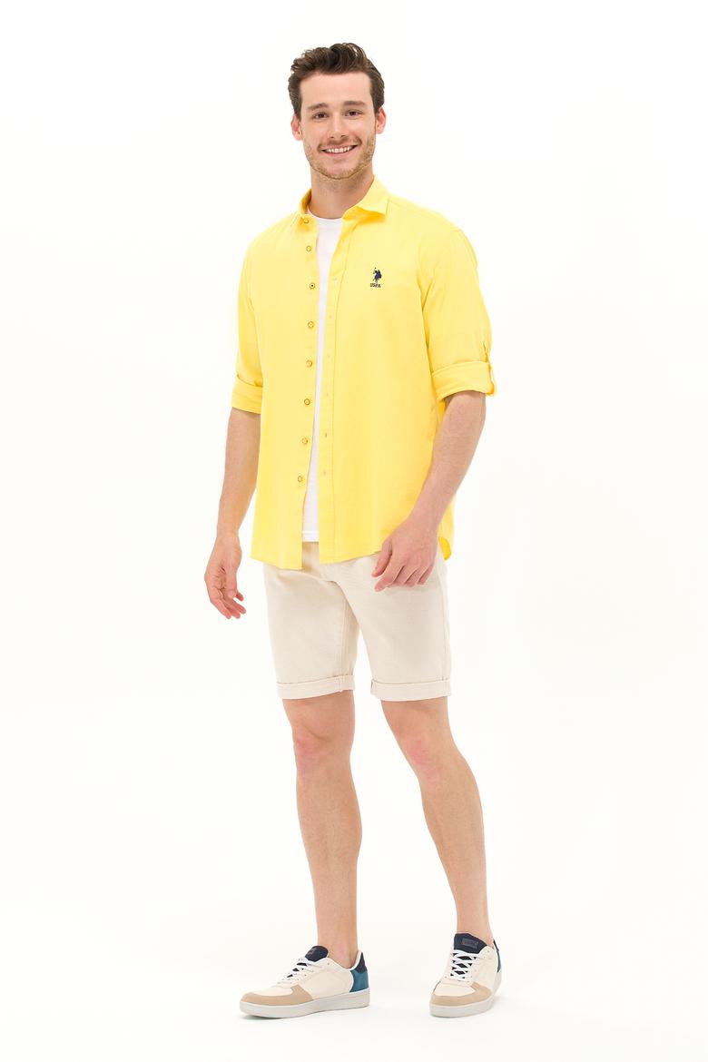 Erkek Sarı Keten Görünümlü Basic Gömlek - 50254189056