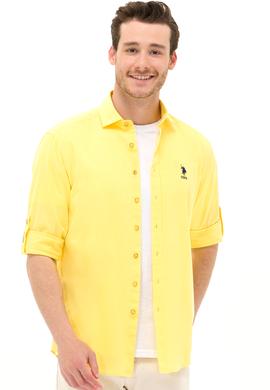 Erkek Sarı Keten Görünümlü Basic Gömlek - 50254189056