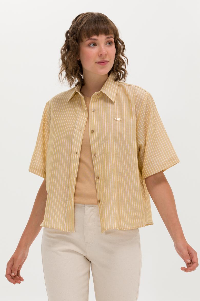 Kadın Camel Keten Görünümlü Kısa Kollu Gömlek - 50263177019