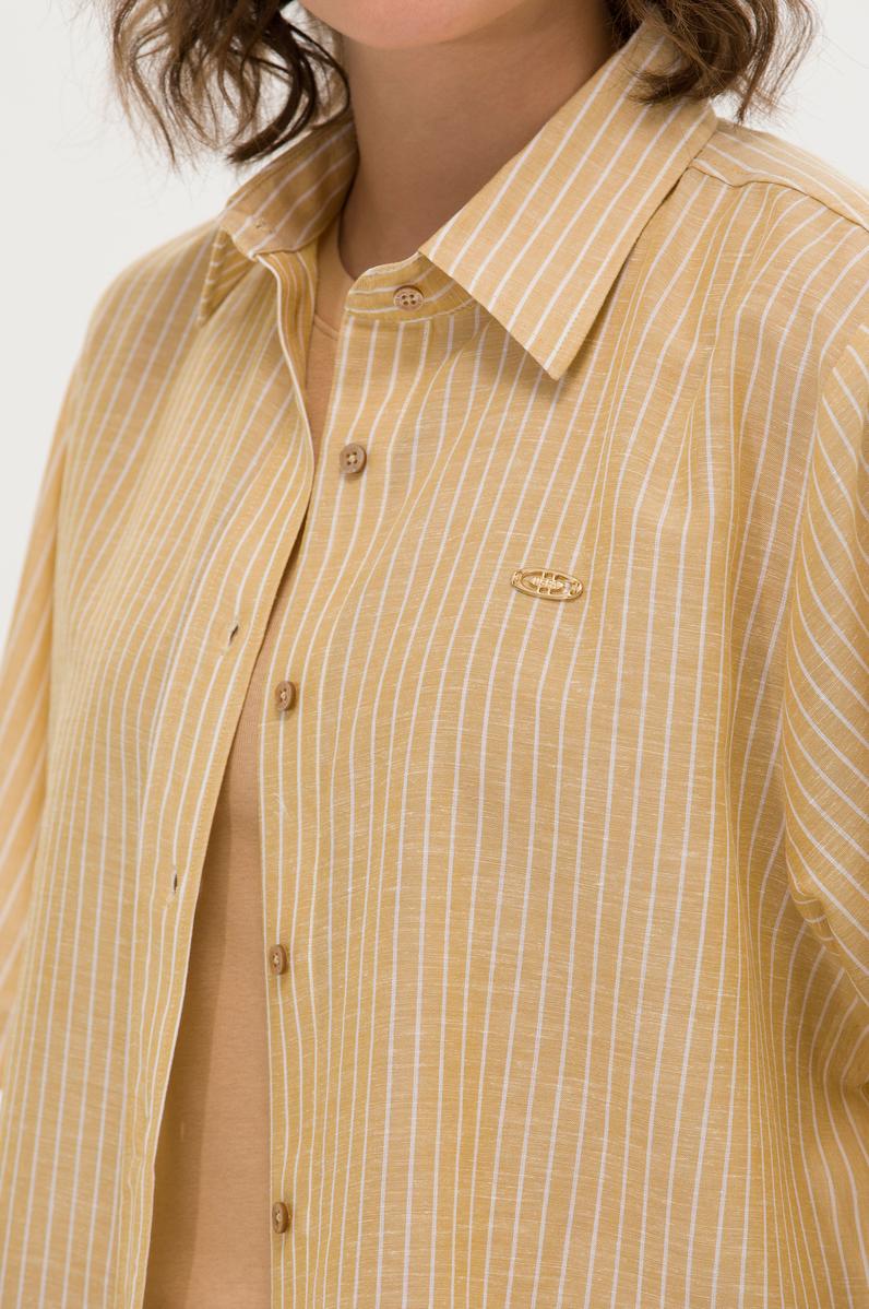 Kadın Camel Keten Görünümlü Kısa Kollu Gömlek