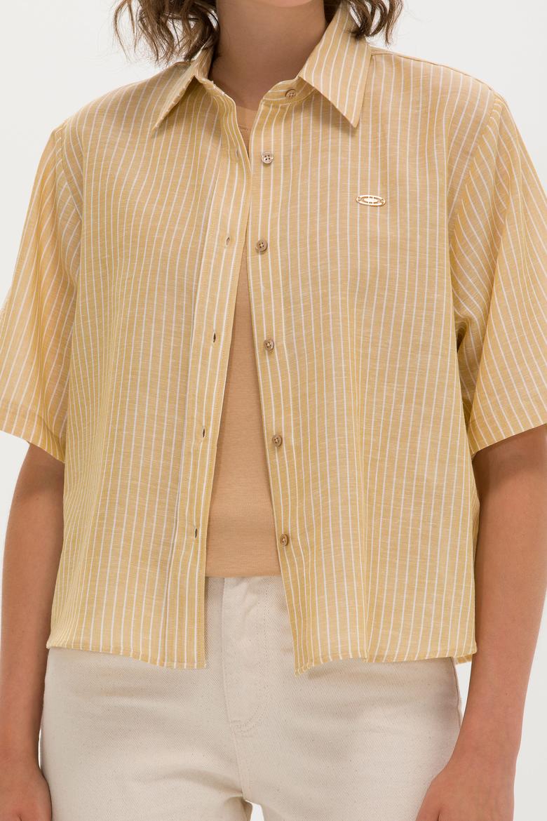 Kadın Camel Keten Görünümlü Kısa Kollu Gömlek - 50263177019