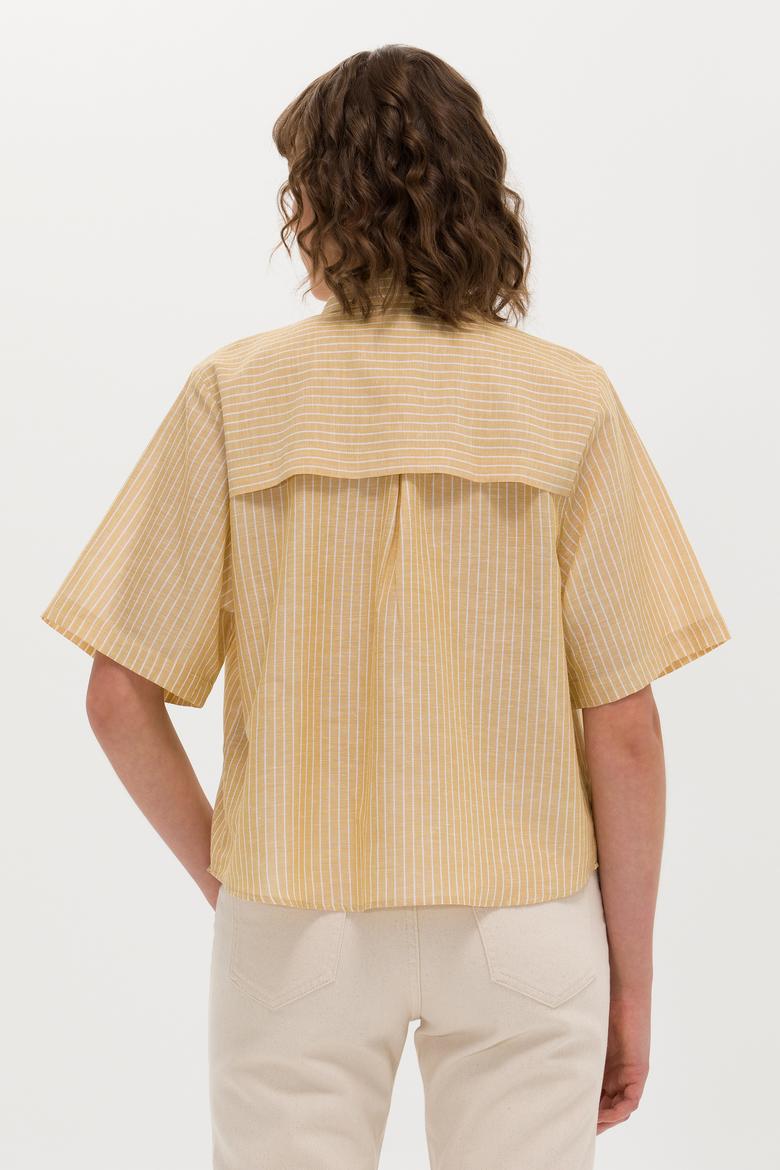 Kadın Camel Keten Görünümlü Kısa Kollu Gömlek - 50263177019