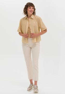 Kadın Camel Keten Görünümlü Kısa Kollu Gömlek - 50263177019