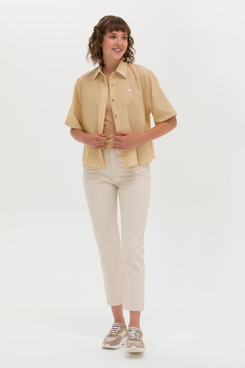 Kadın Camel Keten Görünümlü Kısa Kollu Gömlek - 50263177019