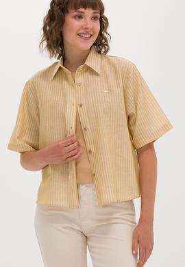 Kadın Camel Keten Görünümlü Kısa Kollu Gömlek - 50263177019