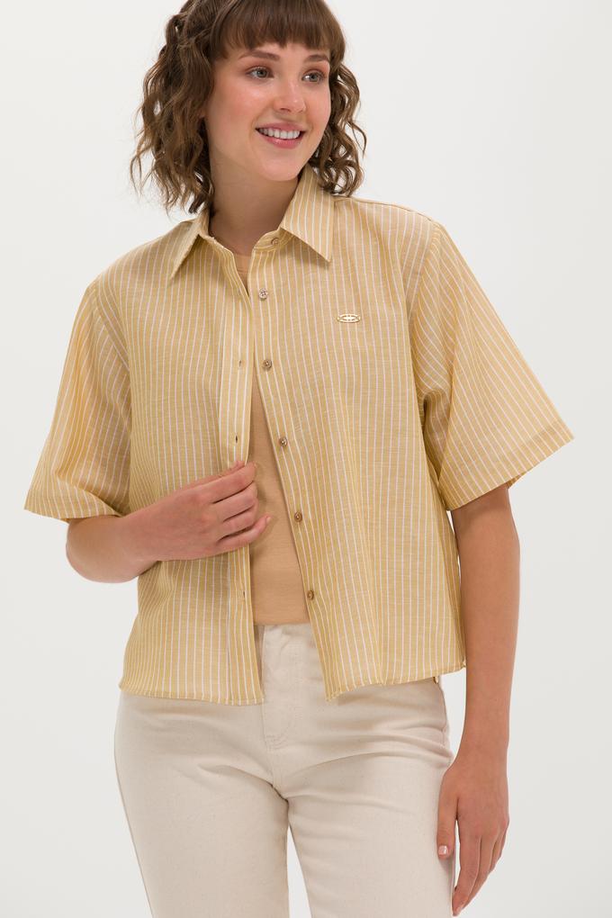 Kadın Camel Keten Görünümlü Kısa Kollu Gömlek
