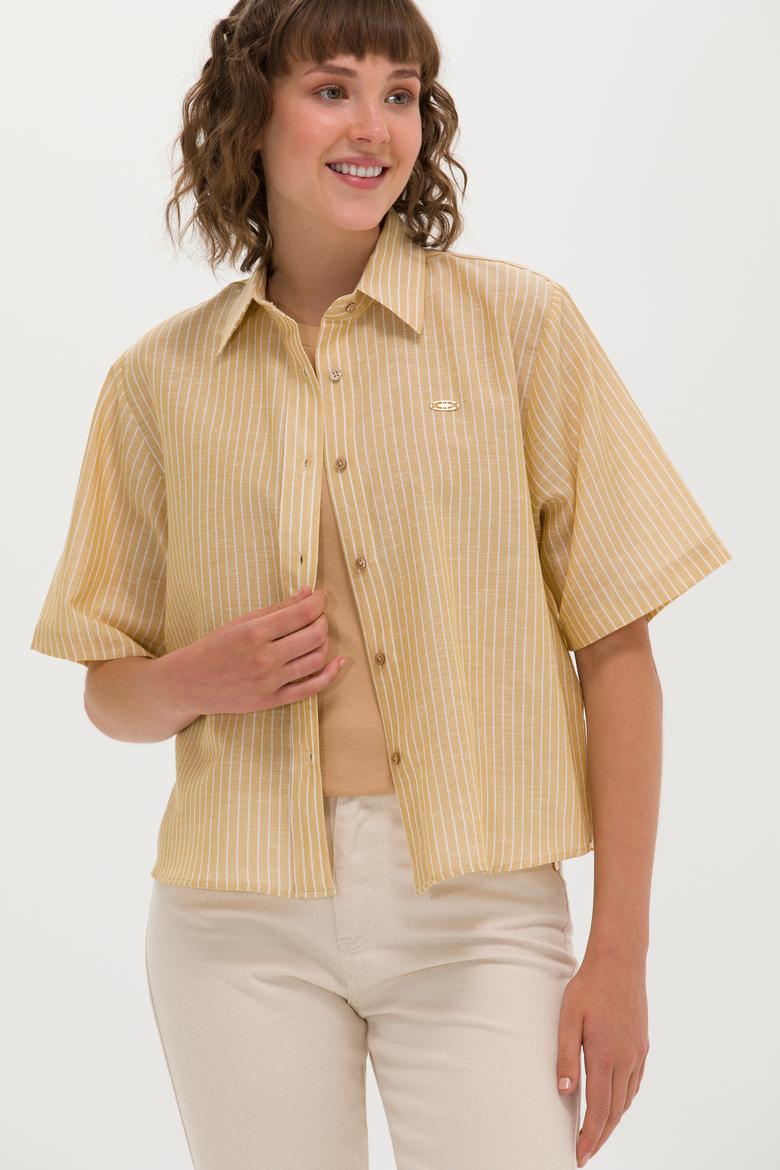 Kadın Camel Keten Görünümlü Kısa Kollu Gömlek