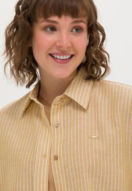 Kadın Camel Keten Görünümlü Kısa Kollu Gömlek - 50263177019