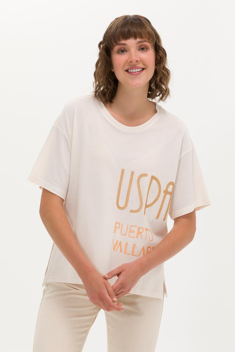 Kadın Krem Bisiklet Yaka Tişört