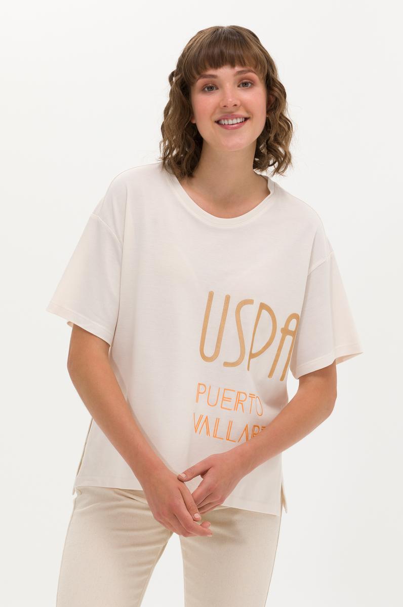 Kadın Krem Bisiklet Yaka Tişört