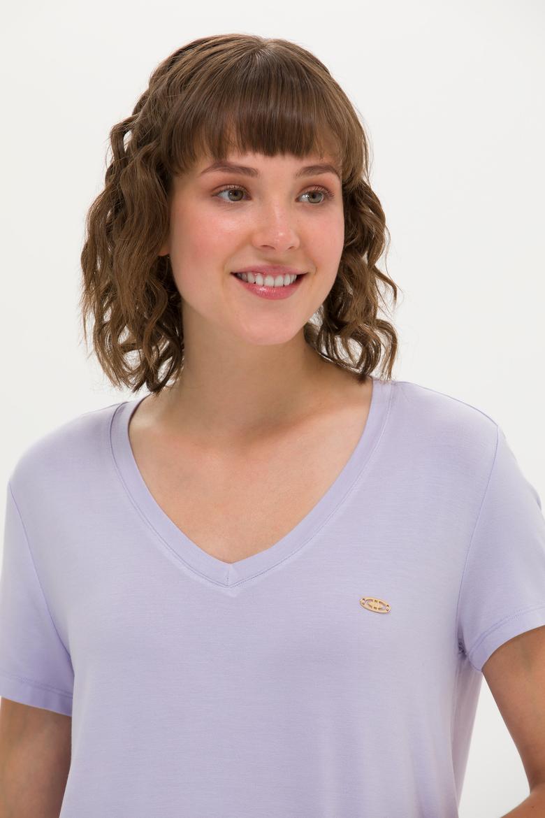Kadın Lila V Yaka Basic Tişört - 50246033064