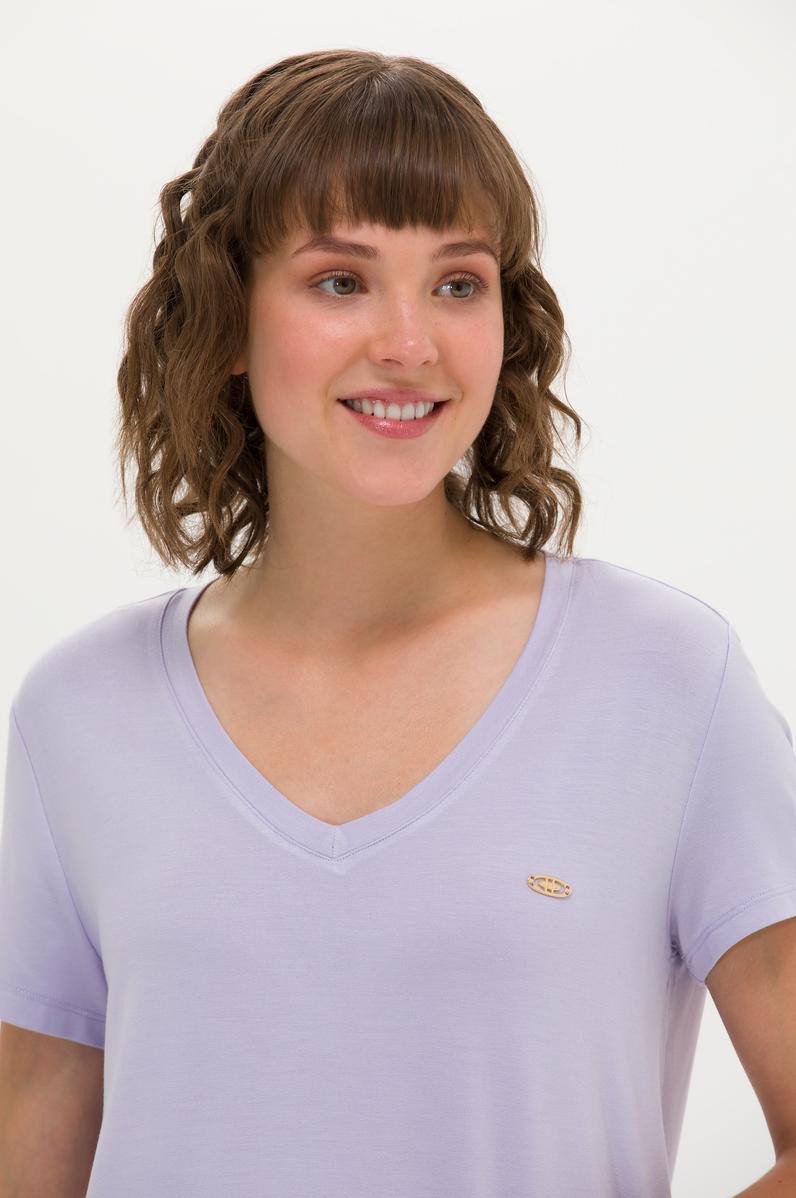 Kadın Lila V Yaka Basic Tişört