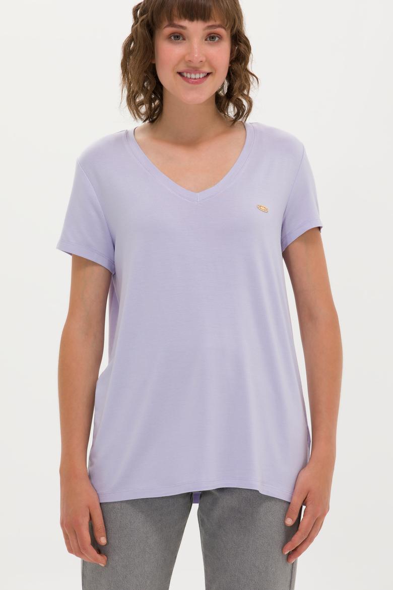 Kadın Lila V Yaka Basic Tişört - 50246033064