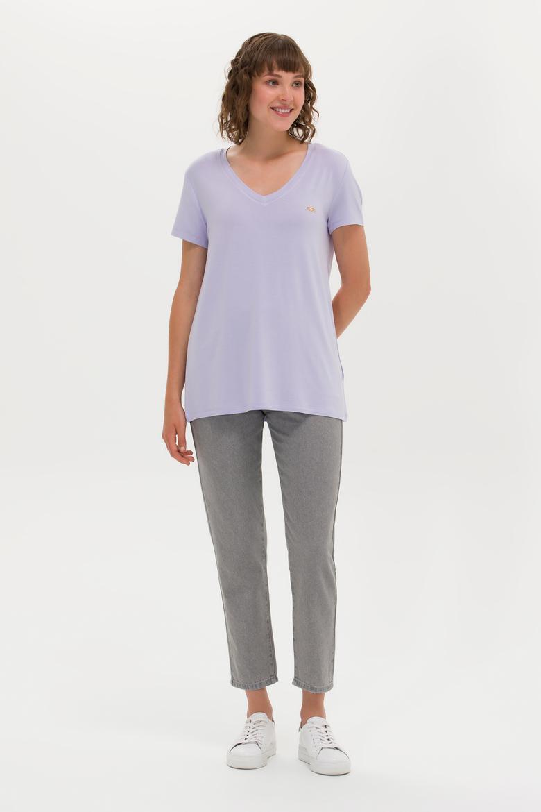 Kadın Lila V Yaka Basic Tişört - 50246033064