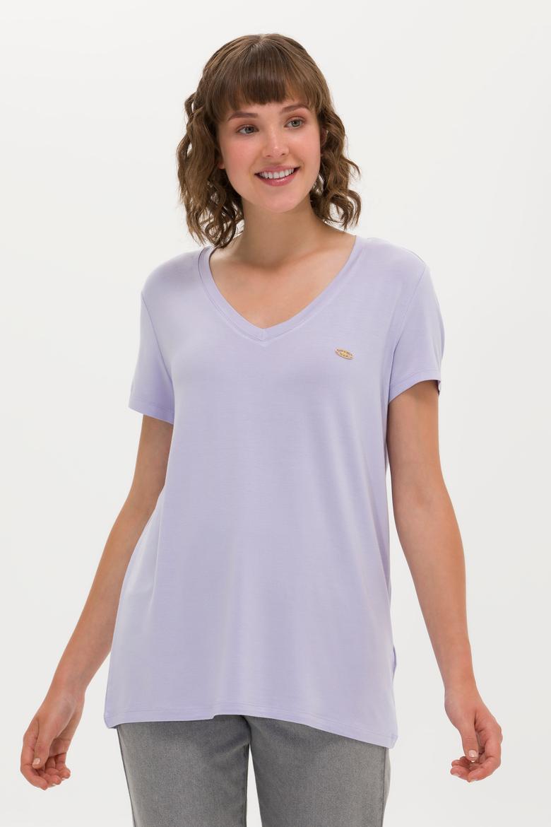 Kadın Lila V Yaka Basic Tişört